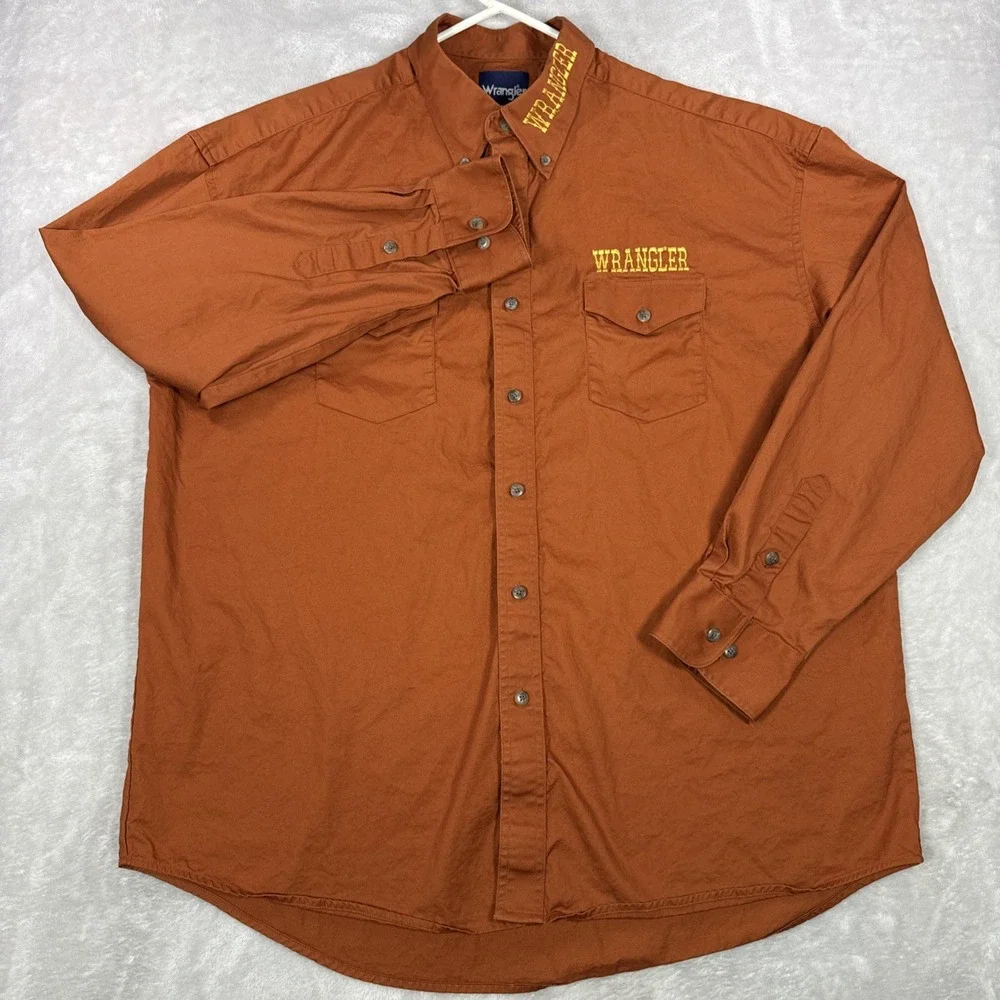 Wrangler Western Shirt Mens XL Orange Embroidered Logo Cowboy Rodeo Button Up